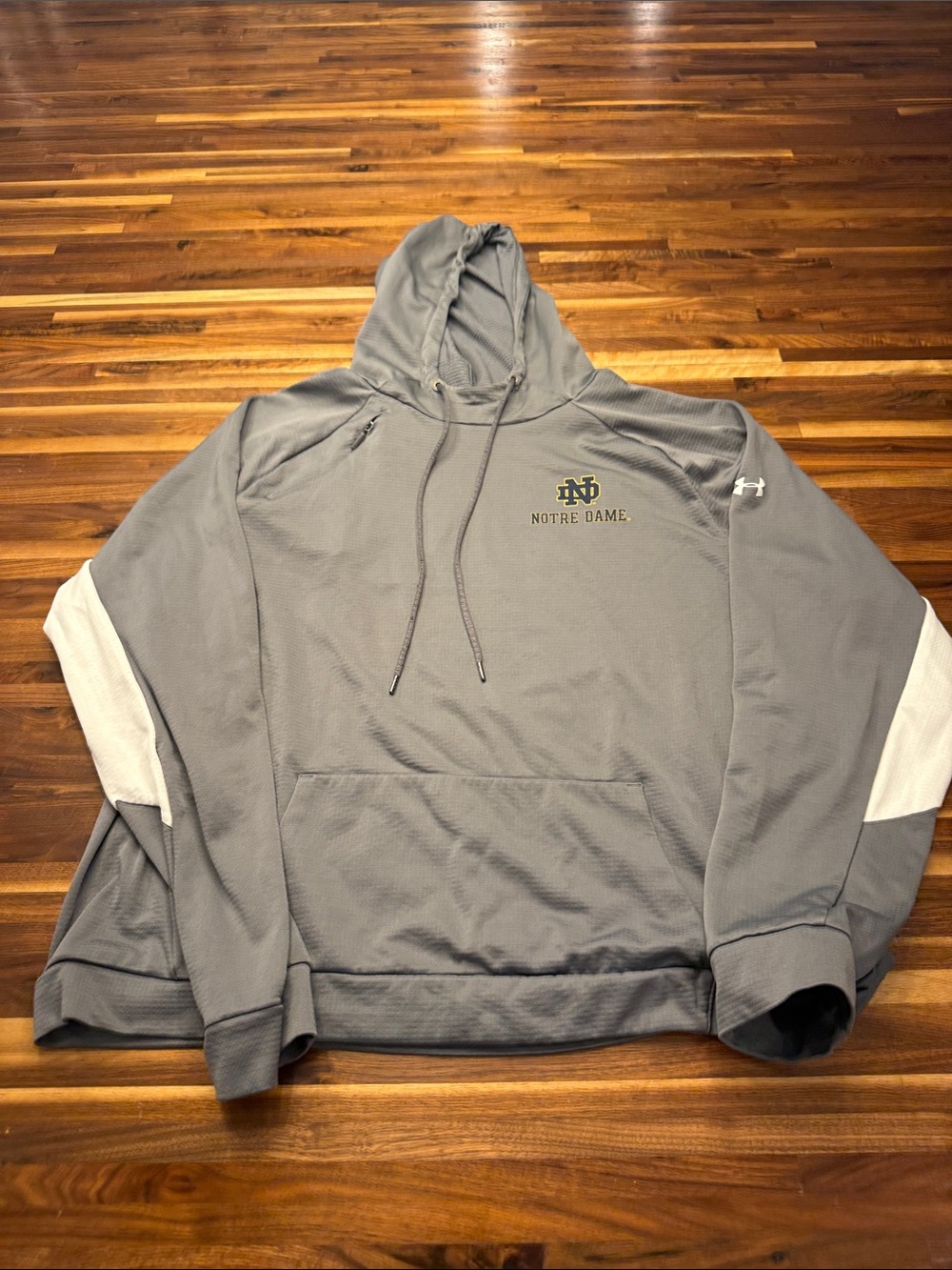Under Armour Men's Gray Notre Dame Crewneck Hoodie with White Sleeve Accents XL